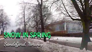 Snowfall in Spring / Driving Tour in Sandefjord, Norway