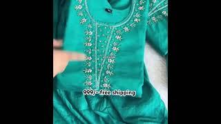 Sea blue kurti with handwork at yoke part with matching pants & dupatta, sizes : L, XL #kurtisonline