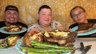 Porterhouse TBone Steak ~ Loaded Baked Potato ~ Garlic Asparagus ~ Salad