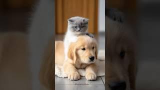 Kitten massages puppy's head. Happy puppy paws.