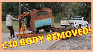 C10 BODY REMOVED! 1966 CHEVY C10 PROJECT - EP.8- C10/Tahoe Frame Swap-Car Restoration