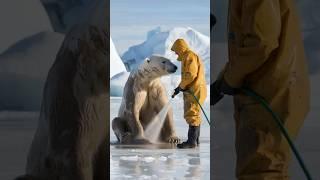 Volunteer cleans a polar bear from the consequences of a polluted ocean