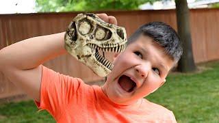 CALEB and Mom look for T-REX DINOSAUR BONES! Mad Scientist Pretend Play Game for kids!