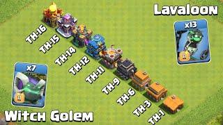 Witch Golem vs Lavaloon vs Every Town Hall | Clash of Clans