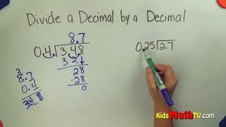 Dividing decimals by decimal values math video tutorial