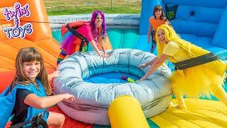 Princess Lollipop & Princess Sunshine Play with Twins Kate & Lilly on Giant Inflatable Playhouse!