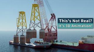 Cutting edge wind turbine foundation installation and construction 3d animation