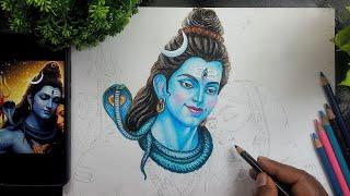 Mahadev Drawing with Oil Pastel, Lord Shiva Drawing, Shiv Parbati Drawing, Shiva, Mahadev