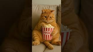 An orange tabby cat lounging lazily on a cozy sofa, watching TV and eating popcorn