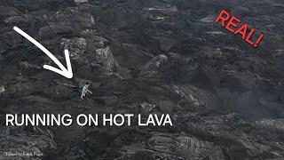 Tourist running across hot lava in Iceland (real)