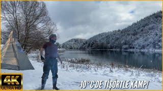 SNOW CAMPING WITH T-SHIRT BY THE AMAZING LAKE - EVERYTHING WAS FROZEN! - [SUB] - 4K