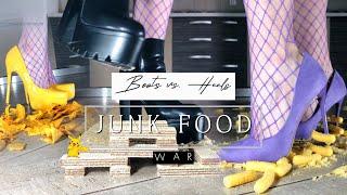 Junk Food War: 2 Boots vs. 2 High Heels! Oddly Satisfying Crushing! ASMR