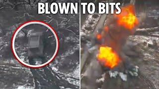 Massive fireball erupts as Ukrainian attack drone obliterates Russian 'Hailstorm' rocket launcher