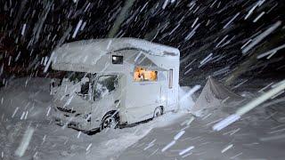 Car Camping in a Snowy Field in Heavy Snowfall