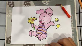 Finish coloring the picture of the pink pig picking flowers