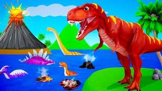 T-Rex and Dinosaurs Friends in Jurassic Park Stops Lava Volcano with Giant Stone | Dinosaurs Videos