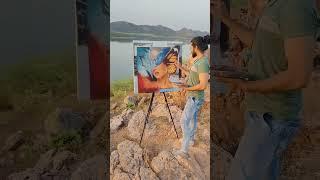Painting outside on canvas #acrylicpainting #tranding #trending #shorts #canvas #nature #river