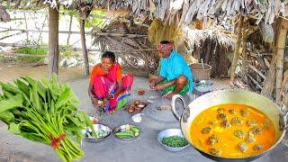 kolmi shak kofta curry prepared by our grandmaa for their lunch in santali tribal style