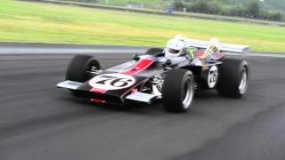 Vintage hot rod 1970 Webster Formula 5000/ on race track, Noisy crazy big pipes