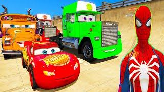 SPIDERMAN McQueen CARS Vs MACK Truck MEGA Ramp ! SUPERHEROES HULK Goku Disney Car Stunt Race - GTA V