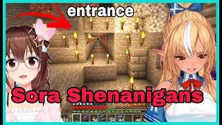 Shiranui Flare Can't Stop Laughing At Sora Marking The Entrance  | Minecraft [Hololive/Eng Sub]
