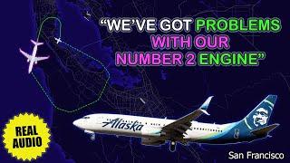 Engine problem after takeoff. Alaska Airlines Boeing 737 returns to San Francisco. Real ATC