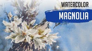 Watercolor florals - Blooming magnolia - Negative painting