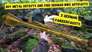 Boy find incredible German WW2 weapons in a forest. 3 Panzerfausts and more !