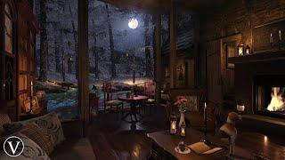 Winter Forest Cottage | Night Ambience | Log Fireplace, Wind, Snow & Blizzard Sounds