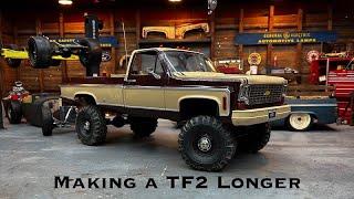 True to Scale Long Bed Squarebody Build, Part 1, Extending the TF2 LWB Chassis, Boom Shocks & more