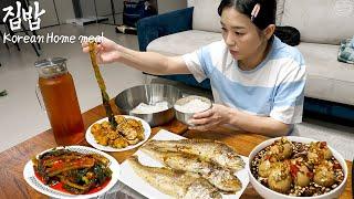 Real Mukbang:) Korean home made food  Grilled Fish, Braised eggs, Pickled cucmbers, Kimchi