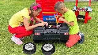 Surprise for Max! Kids Opening Toy Engine Truck with Dad