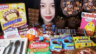 ASMR CHOCOLATE DESSERTNUTELLA CAKE EDIBLE SPOON CHOCOLATE BARS MUKBANG 누텔라 초코케이크초콜릿 디저트먹방 チョコレート