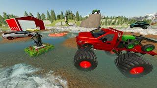 Muddy Competition with Monster Trucks and Racecars | Farming Simulator 22