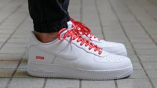 SUPREME Nike Air Force 1 - REVIEW & ON FEET [with Red SUPREME Laces & Regular White Laces]