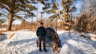 Winter Camping With My Dog In Zeta 1 Hot Tent - Exploring Historic Cabins