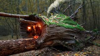 Building a Warm and Cozy Hollow for Survival, in the root of a fallen spruce. Secret cave, Bushcraft