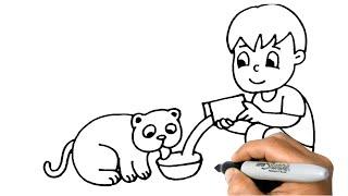 How to DRAW FEEDING THE CAT EASY Step Step