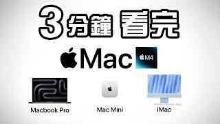 3分鐘精華  Apple M4 Mac 發佈會  M4 MacBook Pro   M4 Mac Mini ️ M4 iMac  M4 Pro  M4 Max  中文懶人包