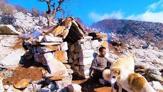 Build a stone domed roof house with chimney - Underground primitive stone shelter, Wild Camp