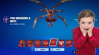 My 10 Year Old Kid Reaction To Me Gifting Him NEW Marvel Fortnite Skin Unlocking IRON SPIDER Bundle