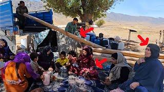 Family's gathering to build a wooden roof
