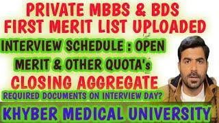 KMU First Merit list | Private medical Colleges MBBS & BDS | Interview schedule & closing aggregate