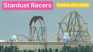 Stardust Racers Dueling with Lights on at Epic Universe - Universal Orlando Daytime Coaster Testing