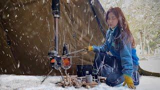 Hot Tent Camping Alone in a Remote Valley with Snowstorm and Rain