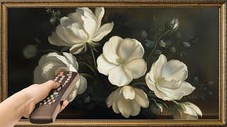 Moody Floral TV Art Screensaver. 4K Frame TV Hack. Gold Framed White Flowers Still Life Painting.