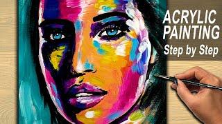 Acrylic Painting Tutorial Abstract - Colorful Portrait Painting | Womans Face Step by Step