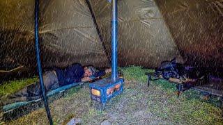 Caught in Heavy Rain and Rainstorm - Hot Tent Solo Rain Camping With Only a Tent and a Dog!