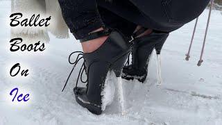 Alina is walking on 20cm Ballet High Heels Boots on Snow Road, Ballet Boots Snow Walk (# 1156)