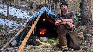 Building a Survival Shelter in the Mountains with an Inside Fireplace – Bushcraft Trip with My Dog"